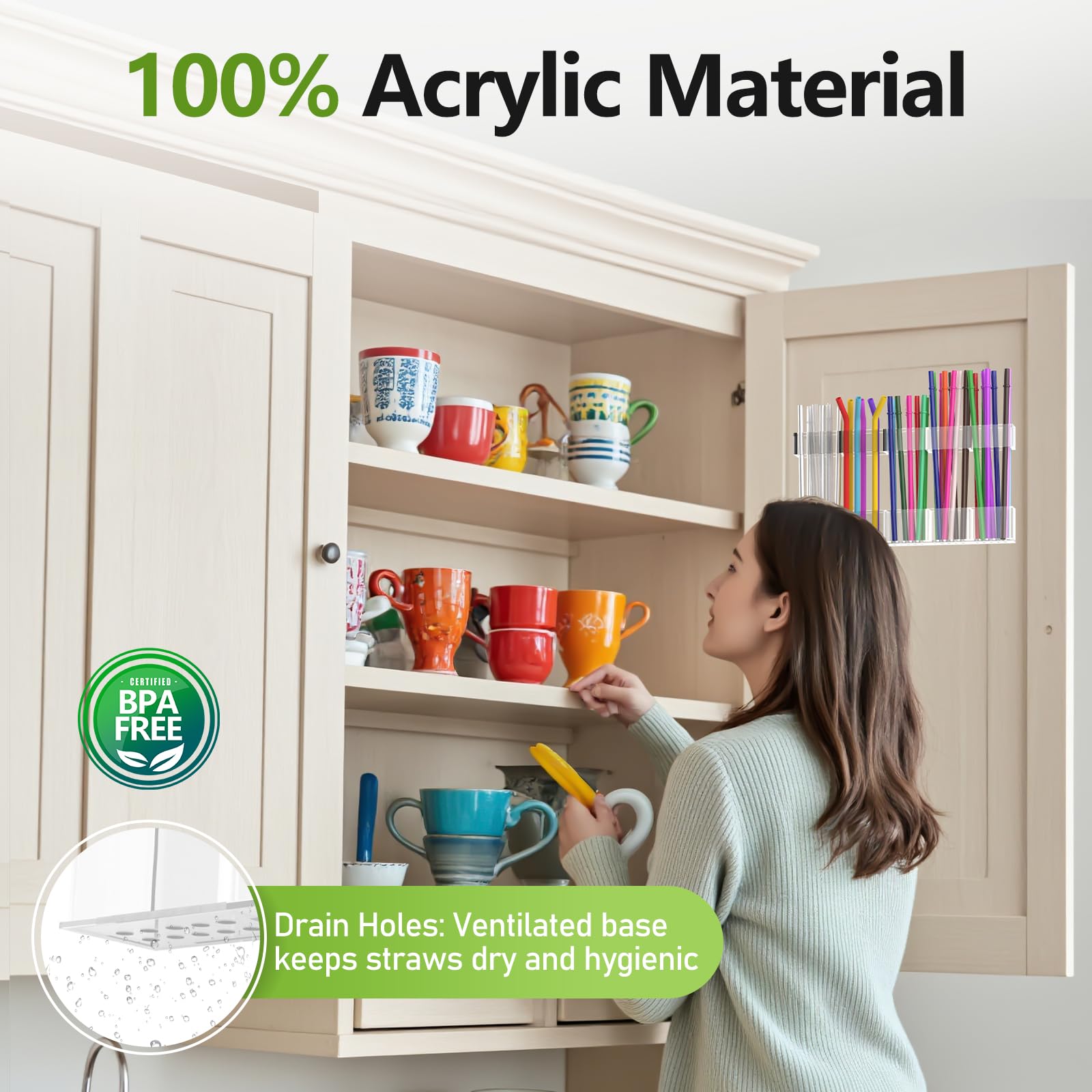 Straw Holder for Cabinet Door, 9.8” Adjustable Two-Part Large Acrylic Straws Organizer with Ultra Sticky Adhesive Strips, 2026 Reusable Utensil Storage for Kitchen Cupboard(Transparent)