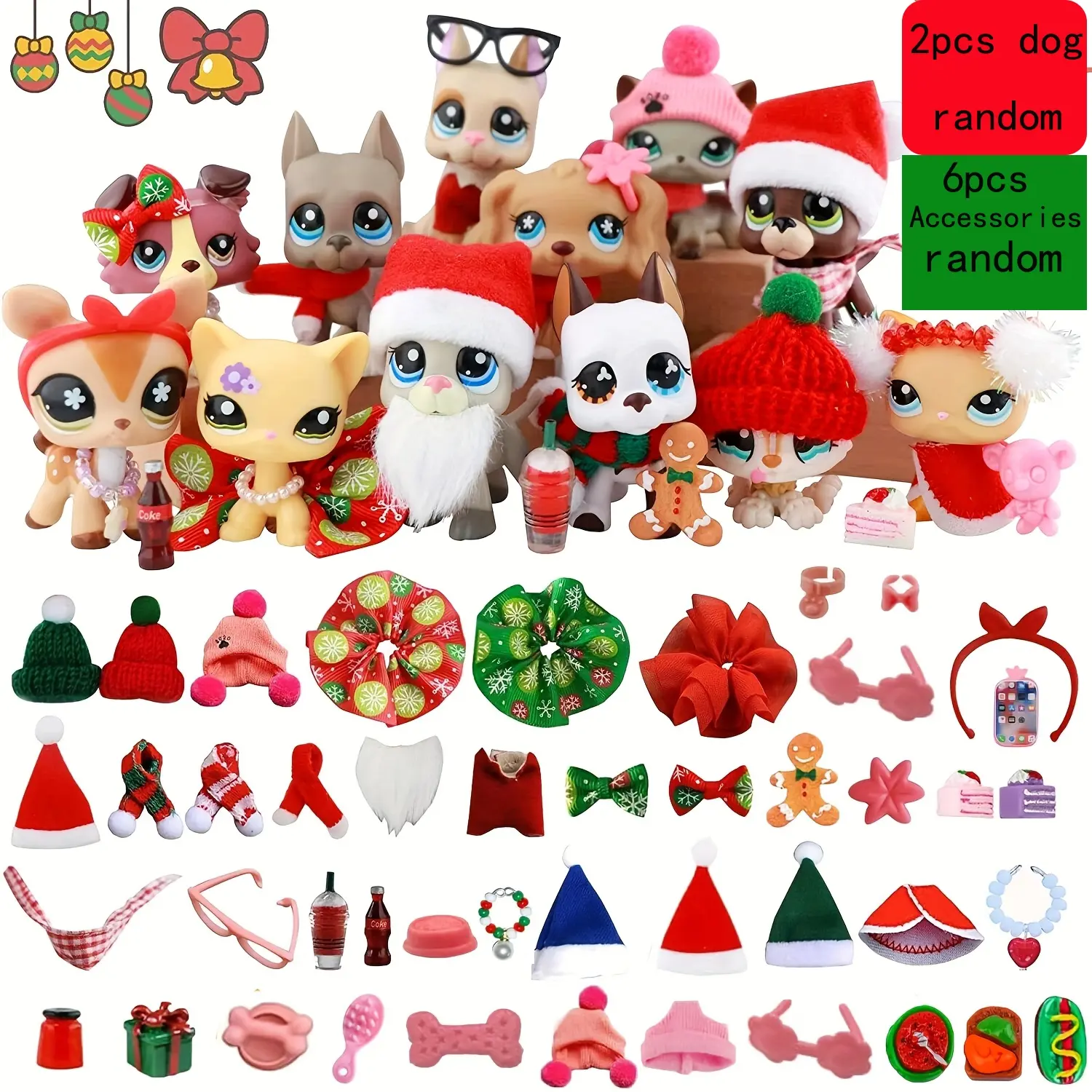 Christmas Gift, Mini Pet Shop 2pcs Cute Statues, Animals Figurines, Cocker Spaniel, Cat, Great Dane, Collie, 6pcs Accessories, Bobble Head, Lps Fan Gift