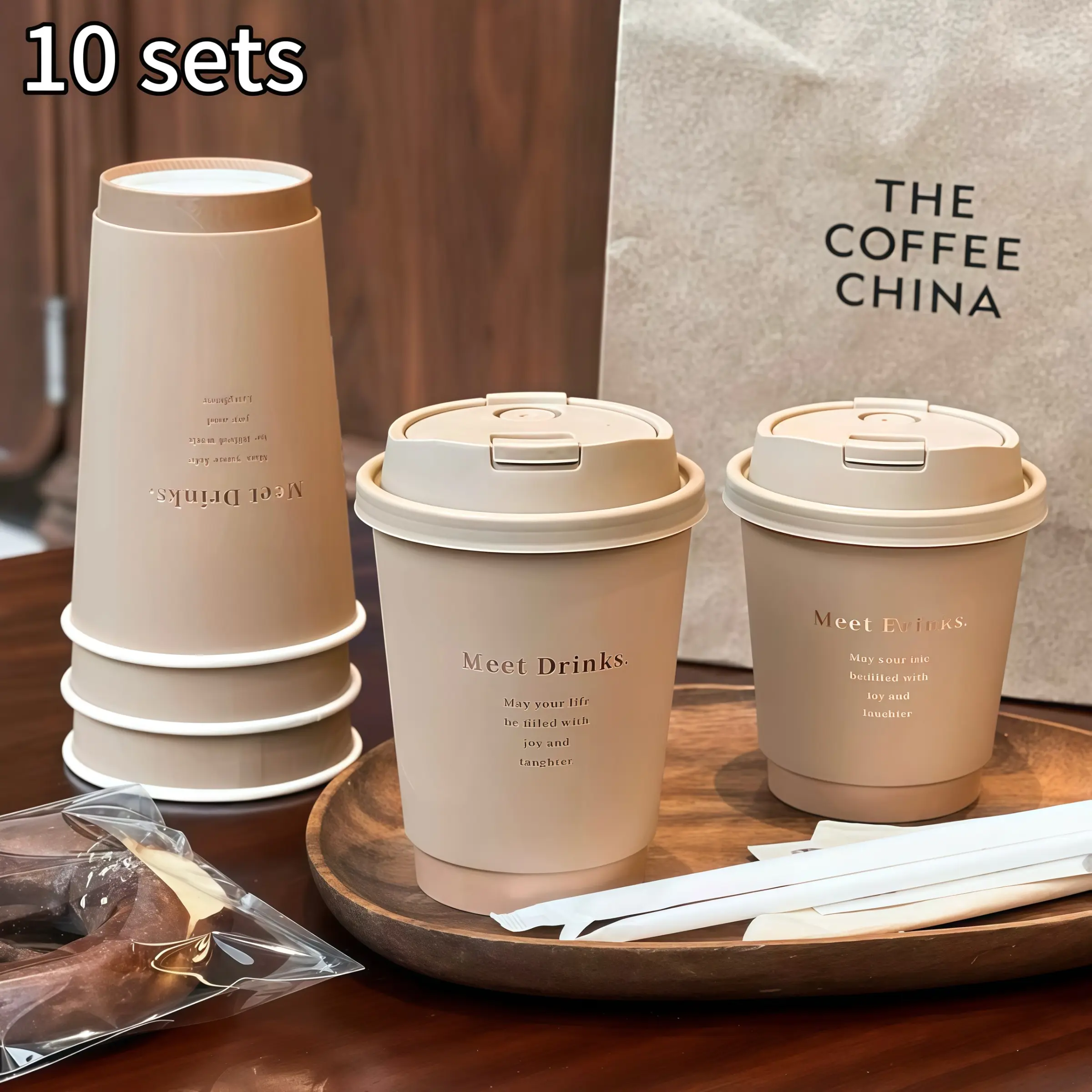 20 Pcs Disposable Coffee Cups Set, Disposable Tableware Supplies, Insulated Paper Cup with Lids, Ideal for Travel, Office, Takeout, Hot Beverages Like Coffee, Tea, Chocolate