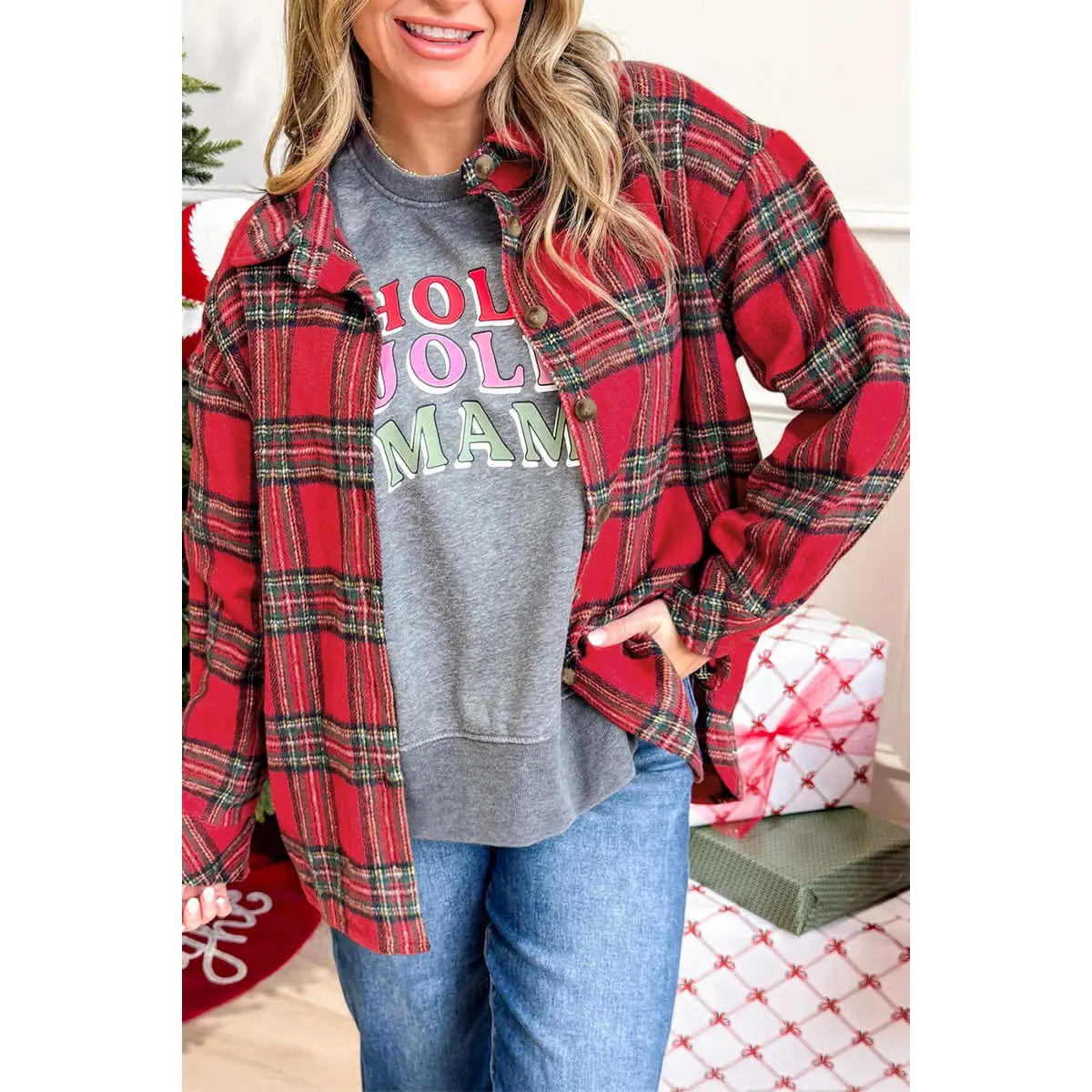 Red Plaid Button Front Shacket