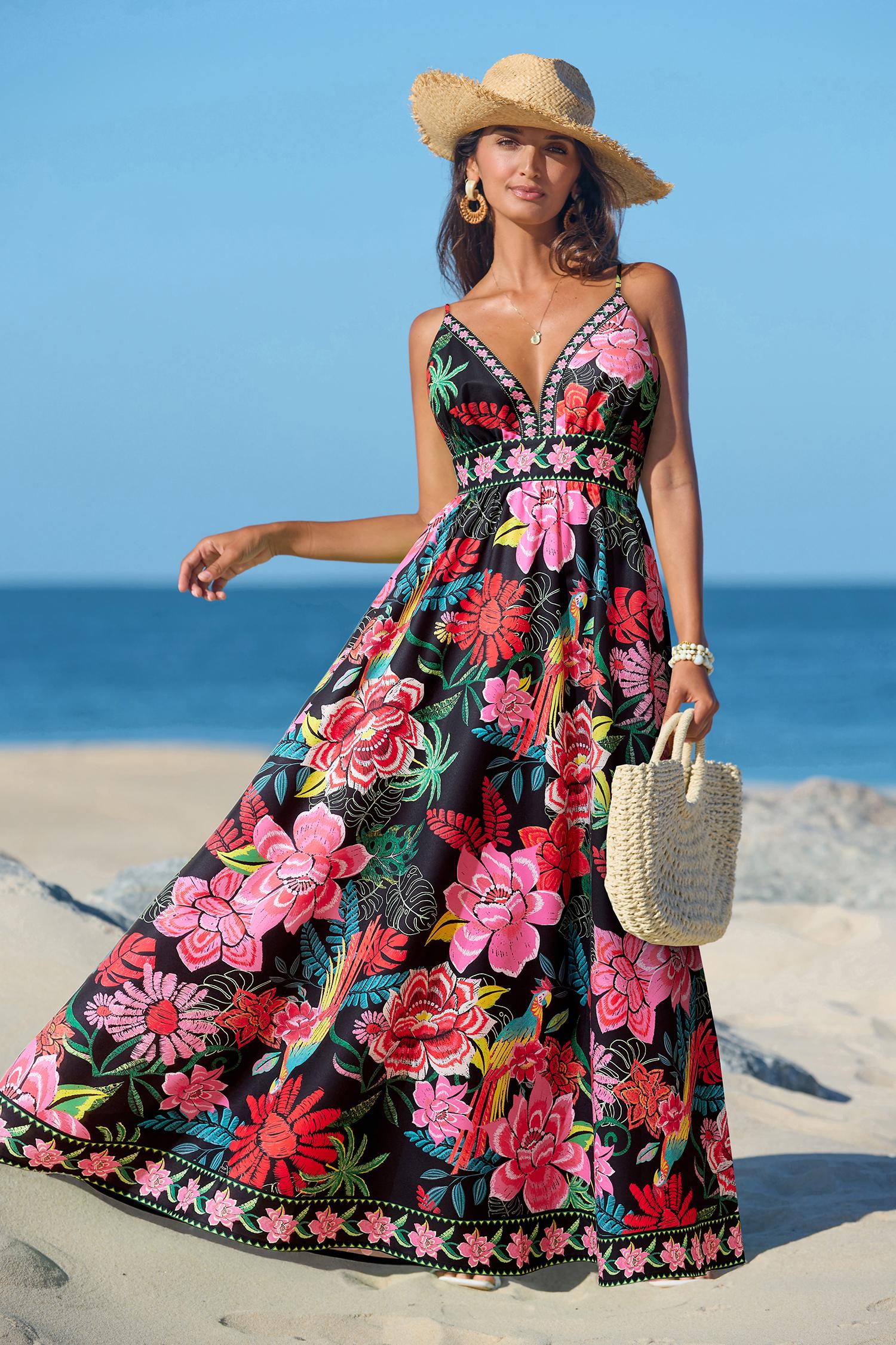 CUPSHE Vibrant Oasis Tropical Maxi Dress with Square Neckline Sleeveless Floral Print Back Zip Closure Boho Beach Bohemian Outfit for Women - Yellow birthday outfit SpringStatements