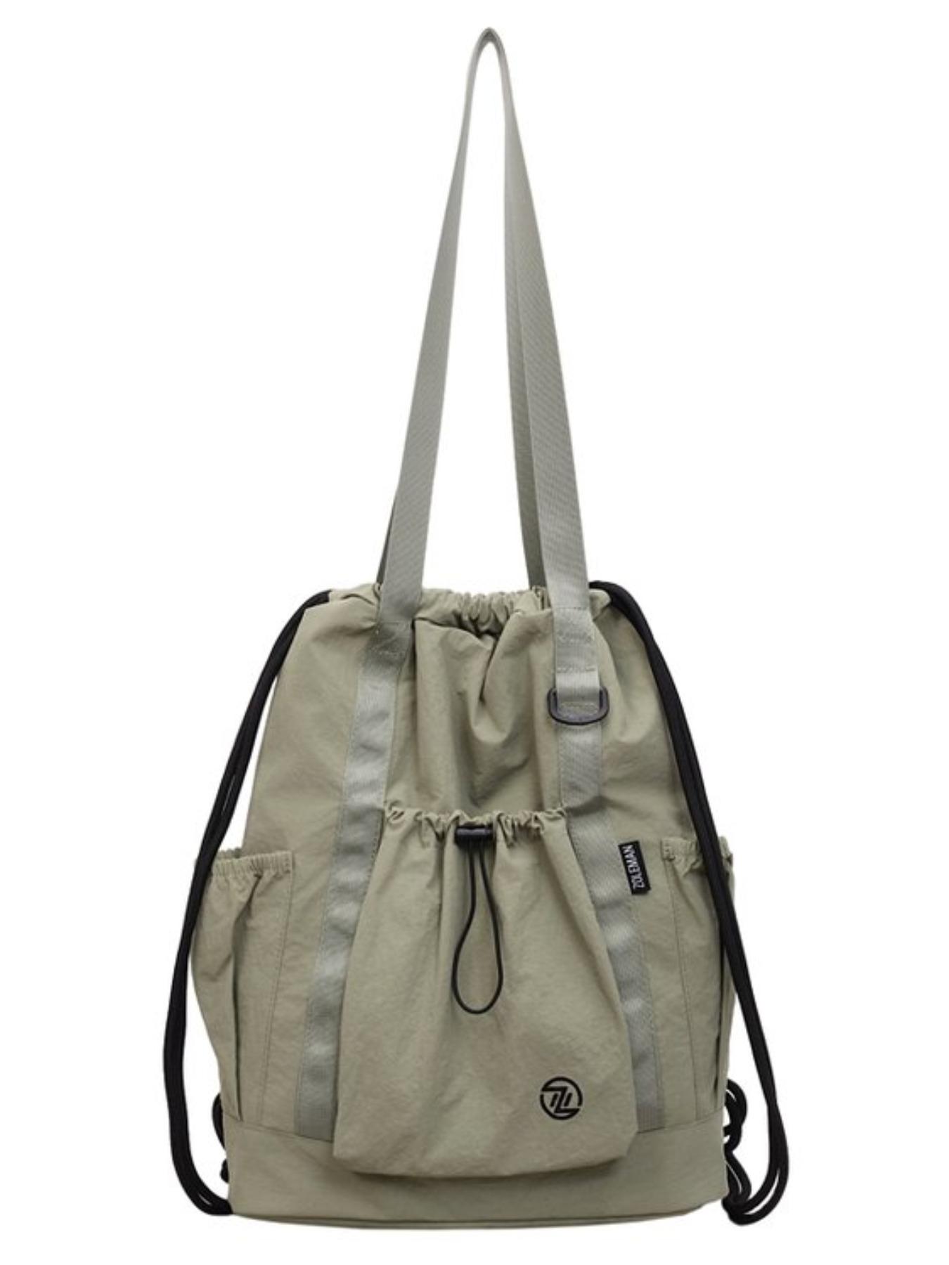 Large Capacity Drawstring Tote Backpack, Lightweight Nylon Shoulder Bag with Secure Pockets, Foldable Unisex Casual Daily Bag, Travel Fitness Shopping Bag