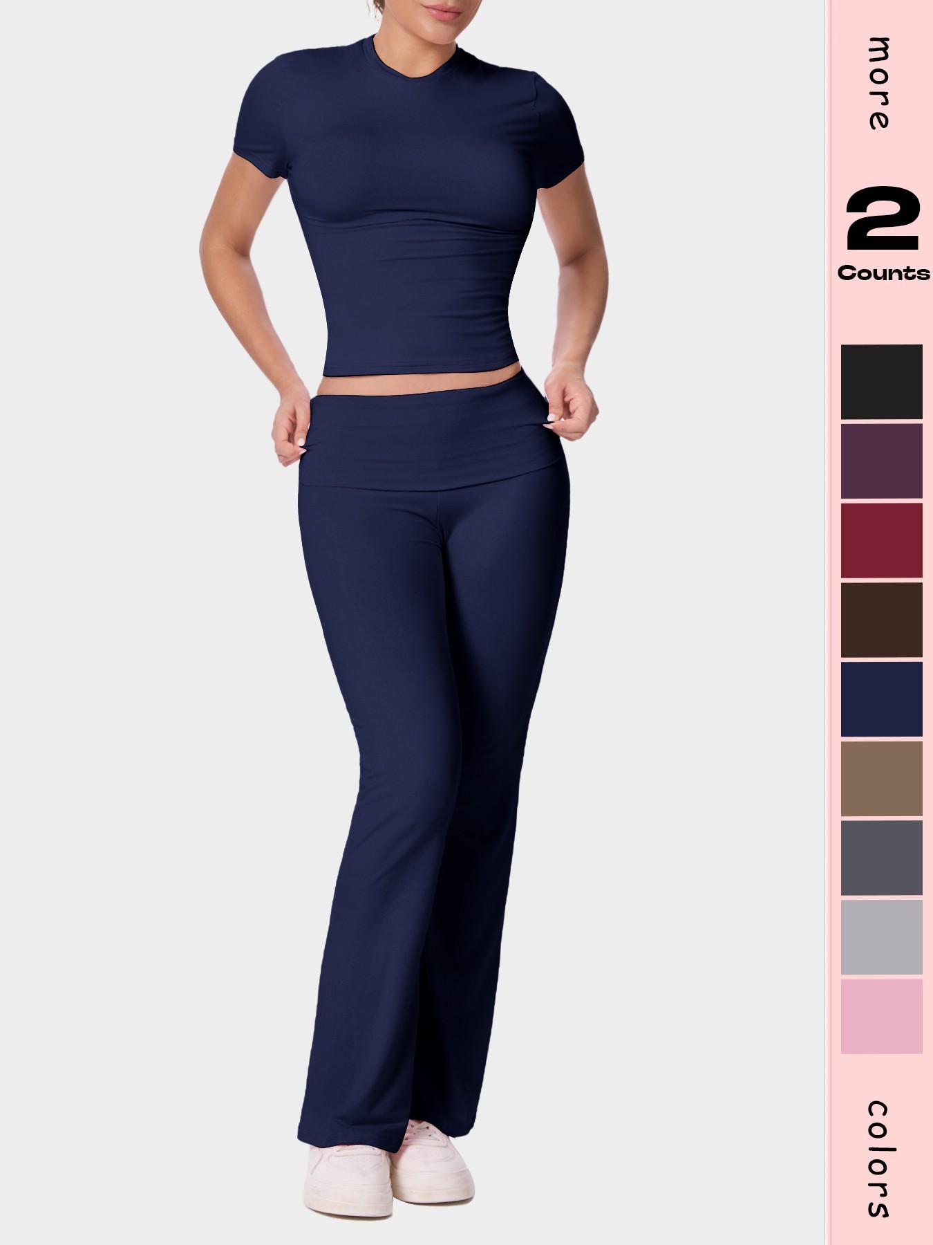 Women's Solid Color Short Sleeve Top & Flare Leg Pants Loungewear, Casual Comfy Two-piece Lounge Set, Ladies Loungewear for All Seasons, Pajama Set