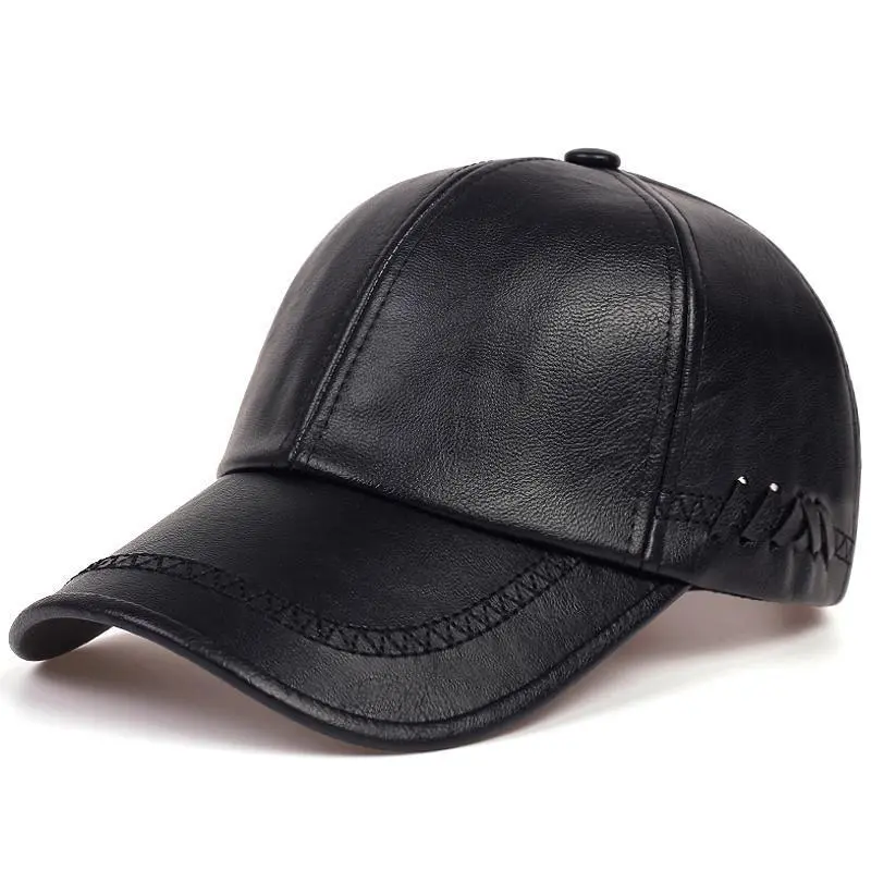 Solid Black Leather Baseball Cap, Adjustable Snapback Hat for Men & Women, Warm Winter Casual Hat