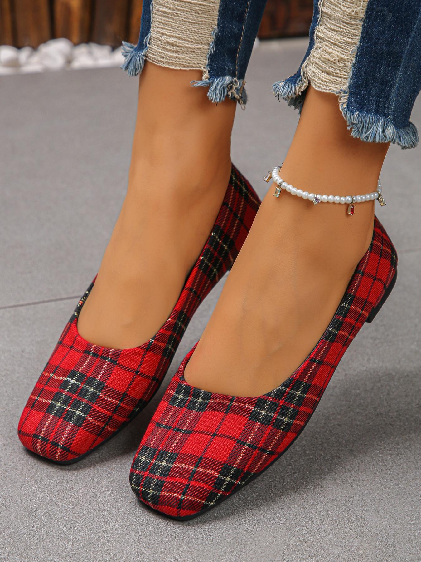 Women's Vintage Fashion Plaid Flat Shoes, Square Toe Casual Sneakers for Daily Wear, Perfect for Dresses and Pants, Halloween Choice