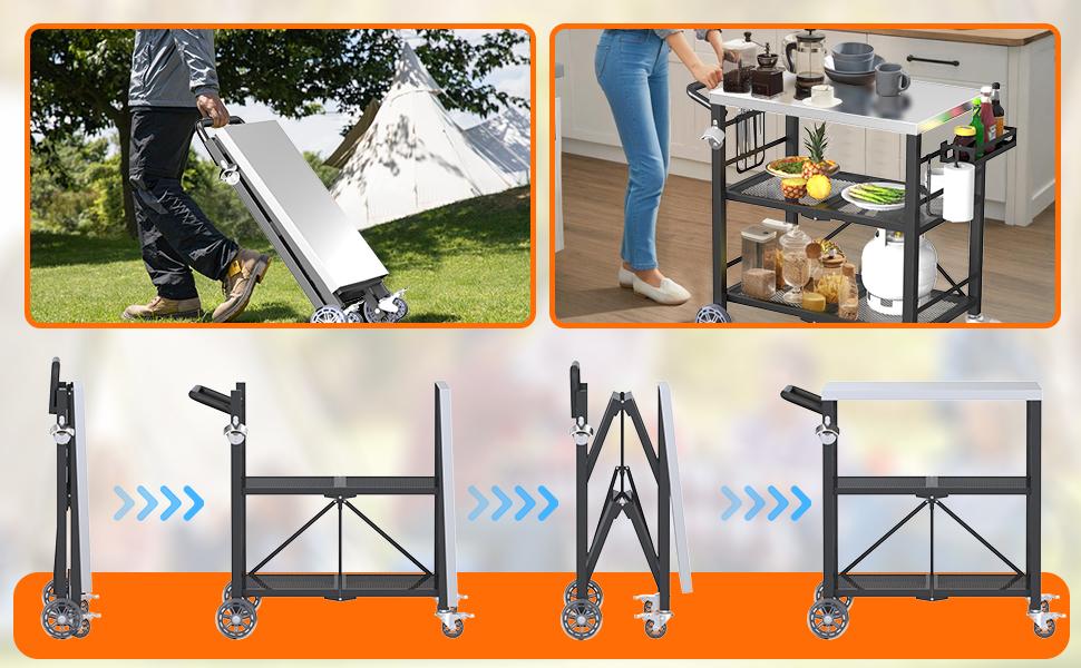 YACONA Stainless Steel Folding Grill Table, 3-Tier Outdoor BBQ Cart with Storage Rack, Portable Outdoor Kitchen Island Pizza Oven Table for Blackstone Griddle