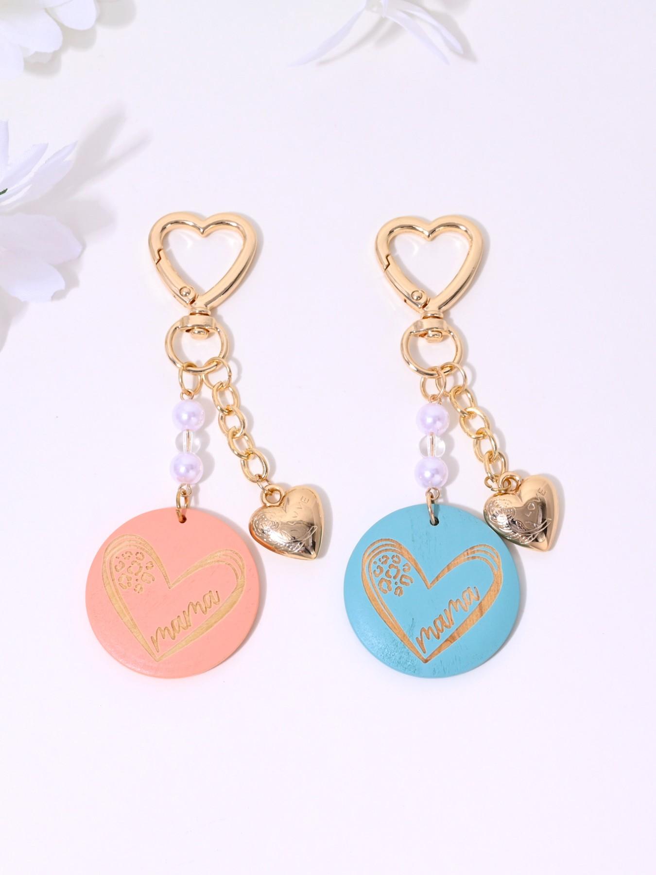 Creative Fashion Mama Wooden Sign Heart Artificial Pearl Keychain, Perfect Mother's Day Gift for Women, Bag Decoration