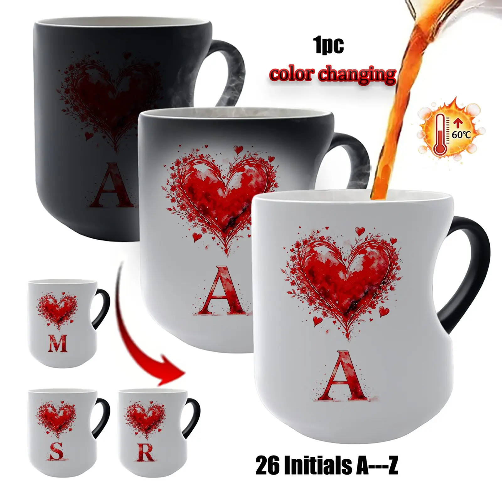 Color Changing Mug A‑Z Initials Red Watercolor Heart Monogram Coffee Mug,Heat Sensitive Magic Ceramic Cup,Personalized Letter Name Gift for Valentine Birthday Anniversary Couple Lover Women Men Home Drinkware Stylish Printed Cup 1PC
