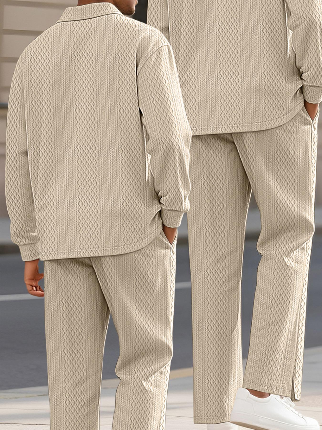 Men's Textured Long Sleeve Polo Shirt & Drawstring Pants Set, Casual Fitted Design, All-Season Wear, Comfortable Fit