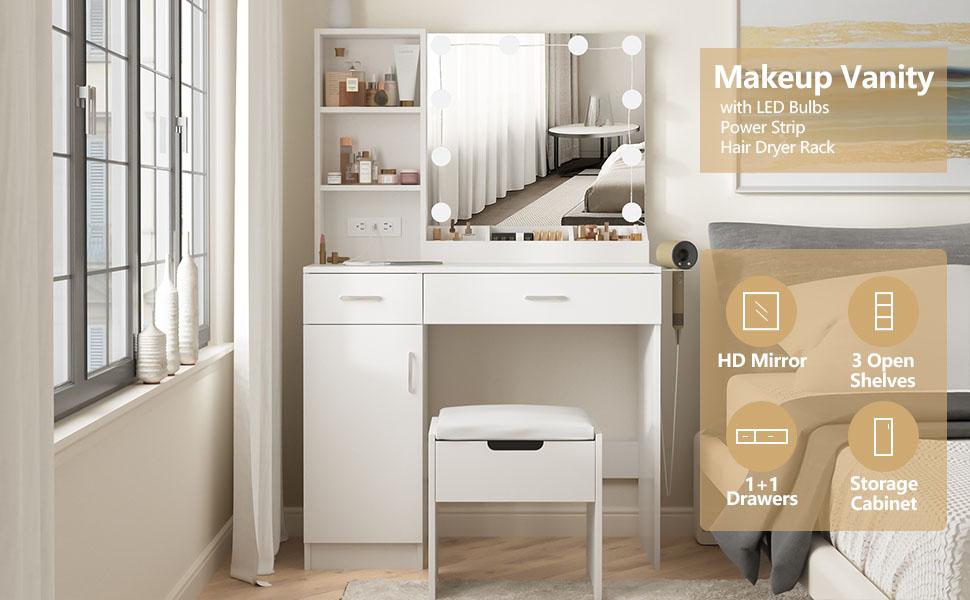 Vabches Vanity Desk with Mirror and Lights,Makeup Vanity with 2 Drawers Lots Storage,Vanity Table with Lighted Mirror,3 Lighting Colors, Brightness Adjustable,35in(L)