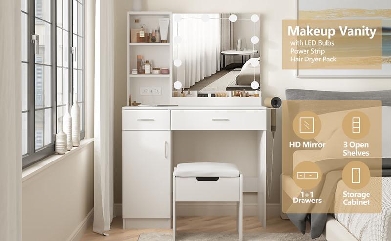 Vabches Vanity Desk with Mirror and Lights,Makeup Vanity with 2 Drawers Lots Storage,Vanity Table with Lighted Mirror,3 Lighting Colors, Brightness Adjustable,35in(L)