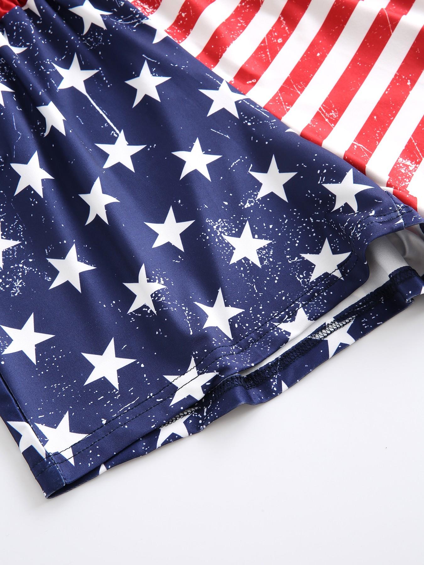 Millennial Streetwear Vintage Usa Flag Print Elastic Waist Loose Fit Shorts, Comfortable Breathable Fabric, Ideal for Summer Outdoor Wear