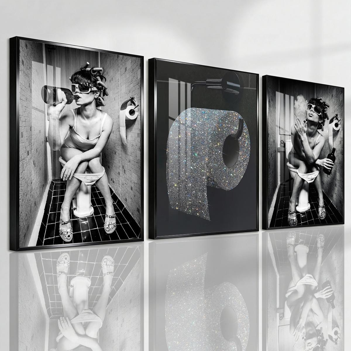 3 Counts Aluminum Alloy Framed Painting, Funny Woman Bathroom Drinking And Smoking Poster, Home Decoration For Living Room, Bedroom, Office, Restaurant, Hallway Wall Decor, Odorless Print Artwork, Luxury Perfect Gift For Friends And Family