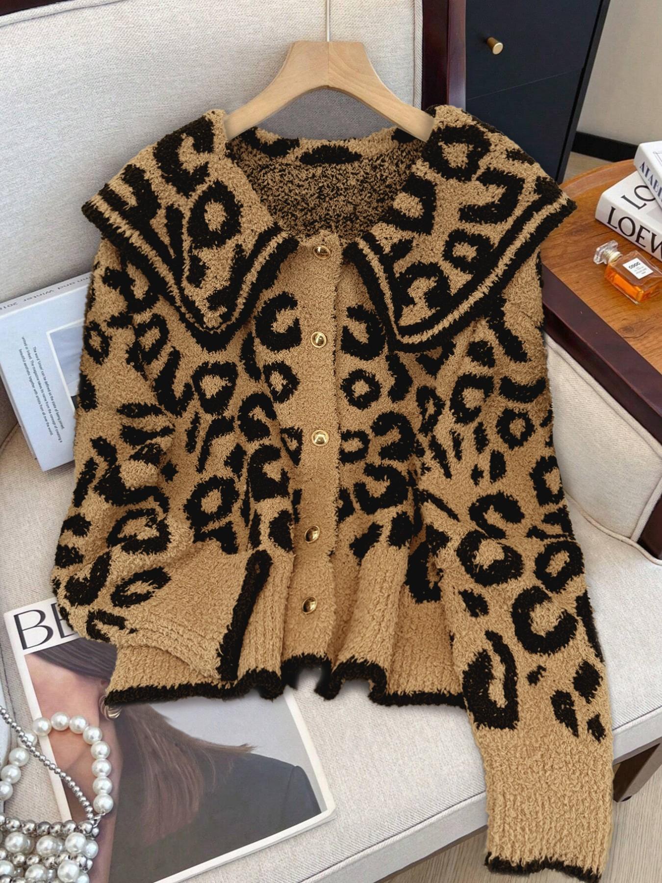 Women's Casual Lapel Cardigan Knitwear, Leopard Print, Slim-Fitting, Fall & Winter, Perfect for Dates, Parties, School Returns