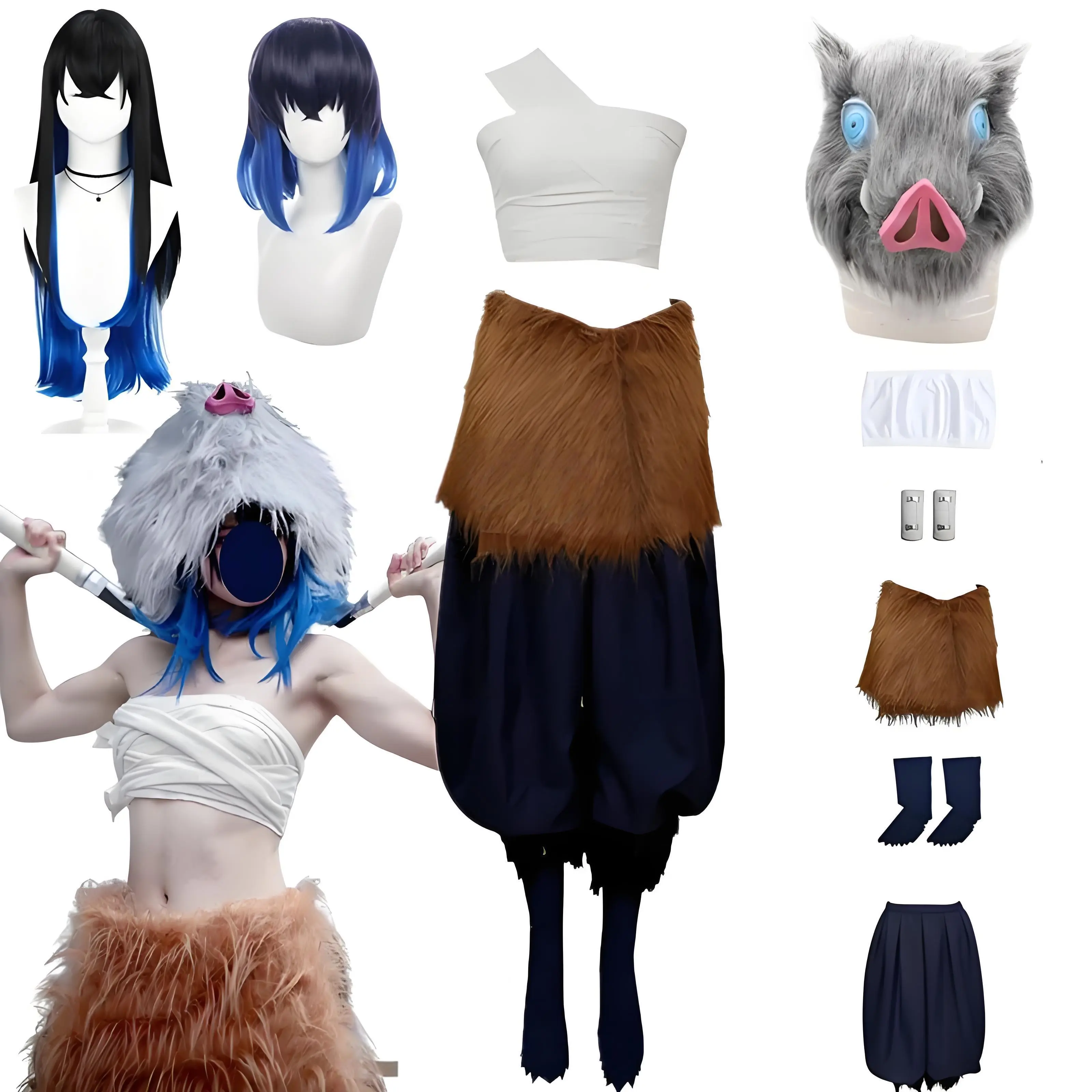 Anime Hashibira Inosuke Knit Geometric Polyester Cosplay Costume Set - Women's Pants, Wig, Pig Mask for Halloween, Party Sexual Conversion Servant Outfit