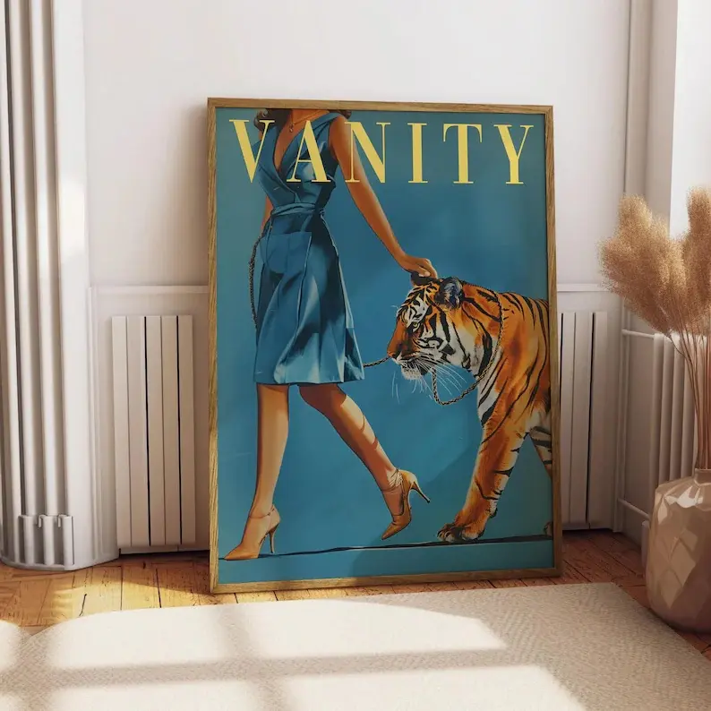 Vintage Woman Walking a Tiger Artistic Poster, Women's Fashion Magazine Wall Art, Badass Eclectic Feminist Print, Funny Retro Home Decor for Besties