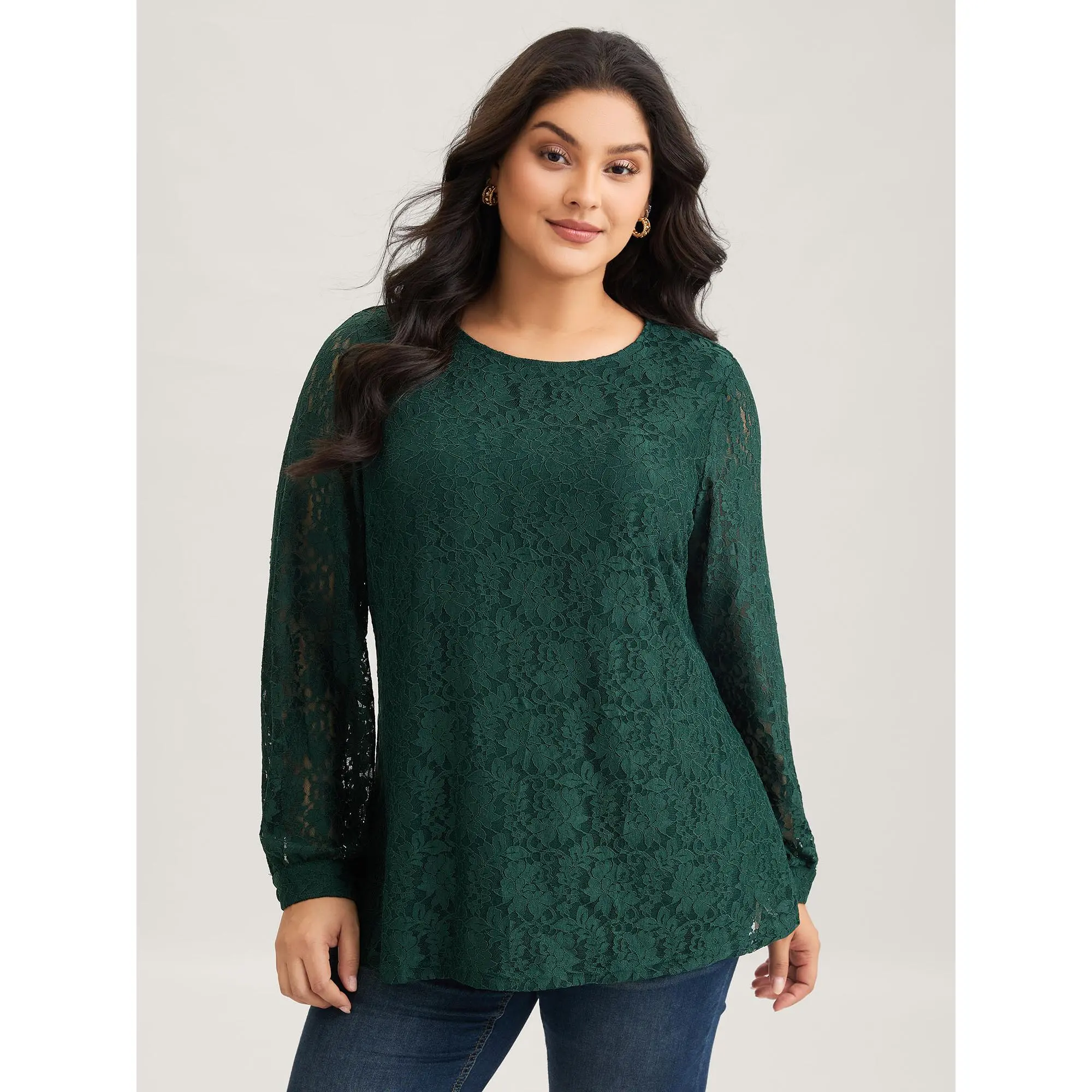 BloomChic Solid Crochet Lace Mesh Crew Neck Blouse 【M-6XL】