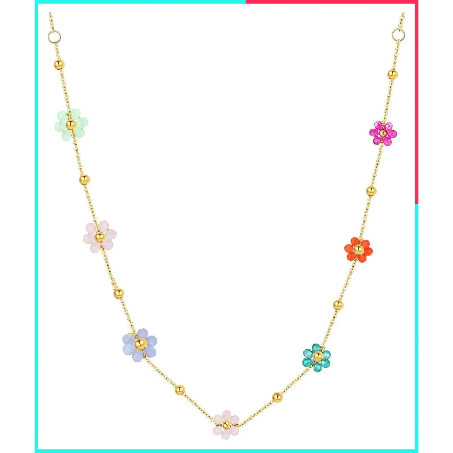 18K Gold Plated 304 Stainless Steel Beaded Flower Choker Necklace for Women, Colorful Floral Pendant Adjustable Short Chain, Dainty Everyday Jewelry Gift for Her