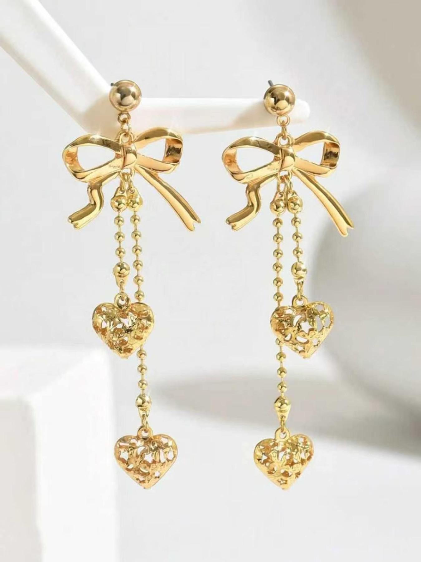 Elegant Bow Earrings, Hollow Metal Heart Pendant, Star Moon Design, Classic Women's Jewelry, Perfect for All Seasons