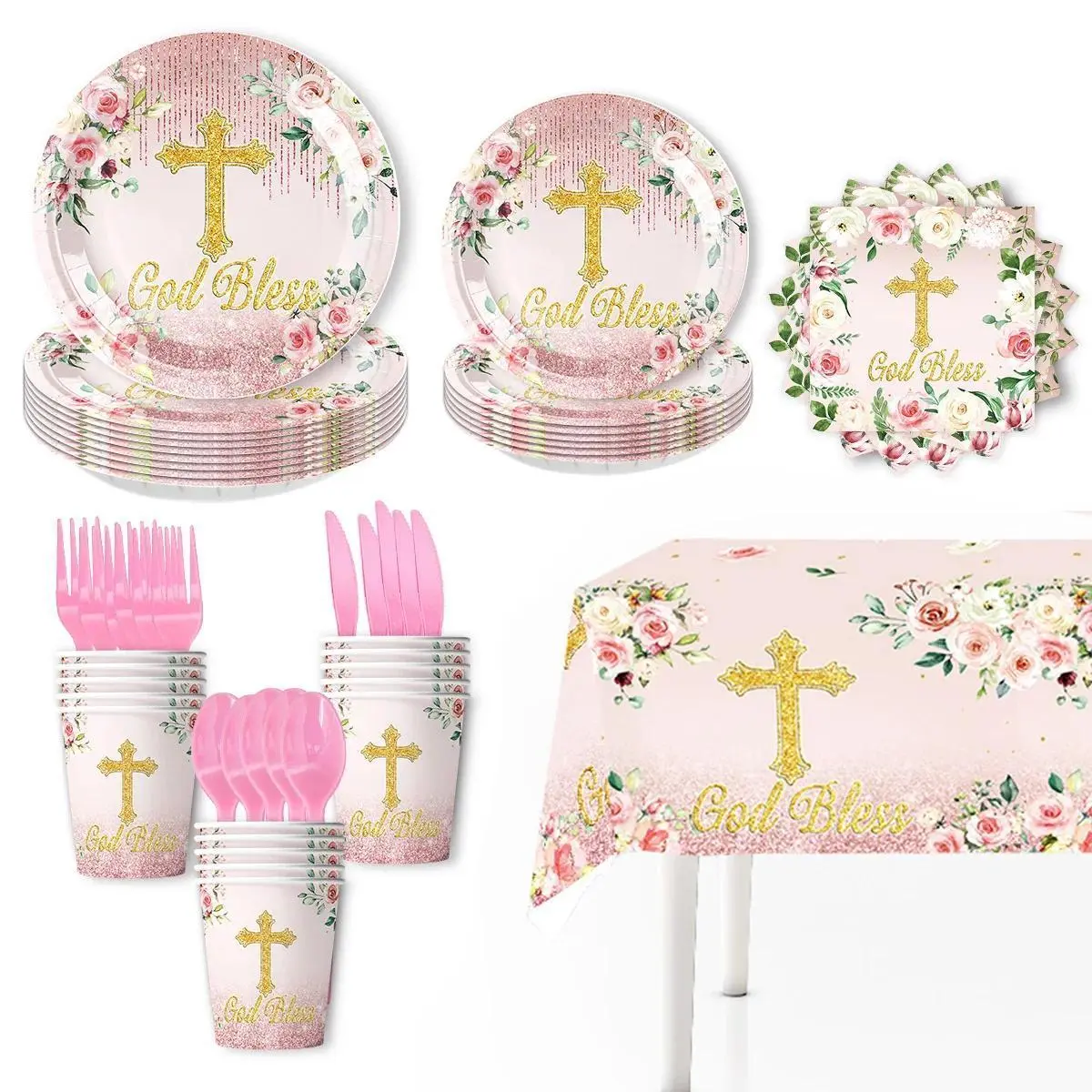 Baptism God Bless Party Supplies Pink Cross Tableware Set Plates Cups Napkins Tablecloth Baby Shower Holy Day Communion Birthday