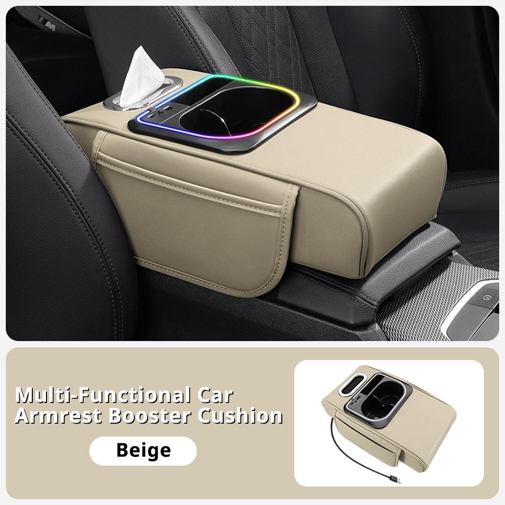 Car Multi-Functional Handrest Storage Cushion, Fast Charging Type C & Type a Dual Ports, Music Sync RGB Ambient Light, Easy Install, Car Armrest Box Accessories,  Car Console Organizer