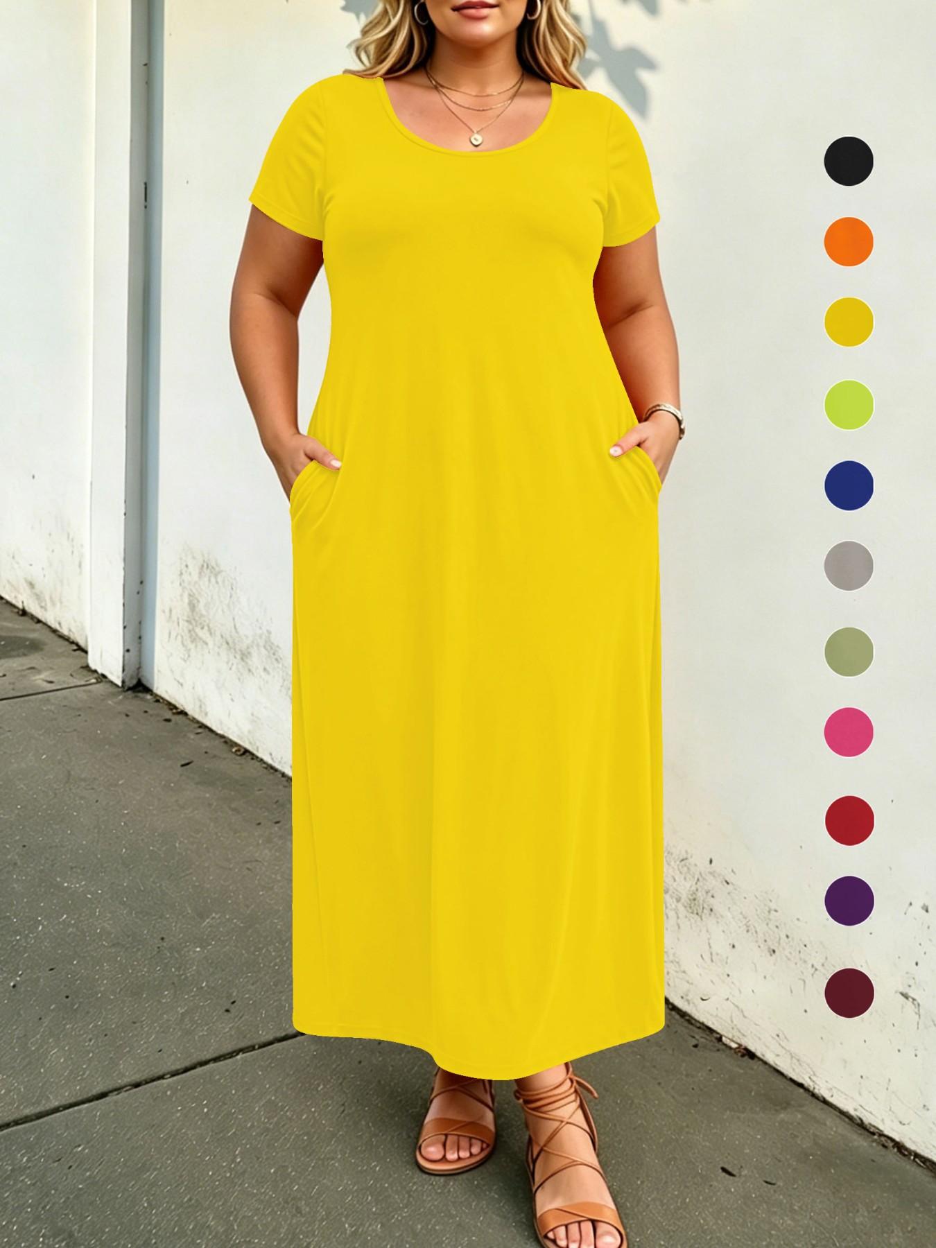 Plus Size Solid Color Loose Maxi Dress, Short Sleeve, Round Neck, Side Pockets, Curvy Daily Wear, Tummy Hiding
