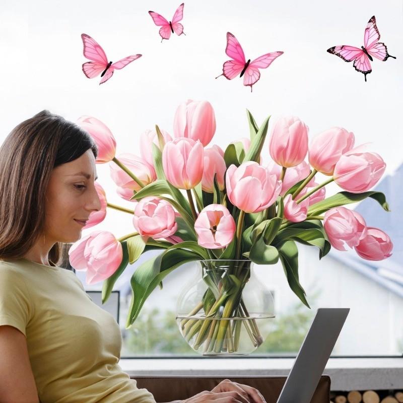 1 pc tulip butterfly window sticker, gentle and fresh rural style, pink tulip+butterfly+hydroponic potted elements, reusable PVC electrostatic sticker, suitable for home decoration and beautification