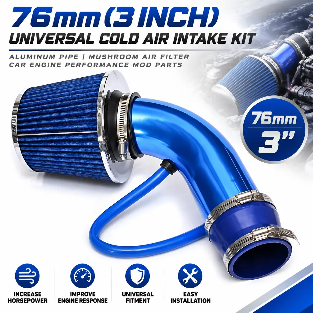 Aluminum Pipe Cold Air Intake Kit, 76mm 3 Inch Universal Mushroom Air Filter, Automotive Engine Performance Mod Parts