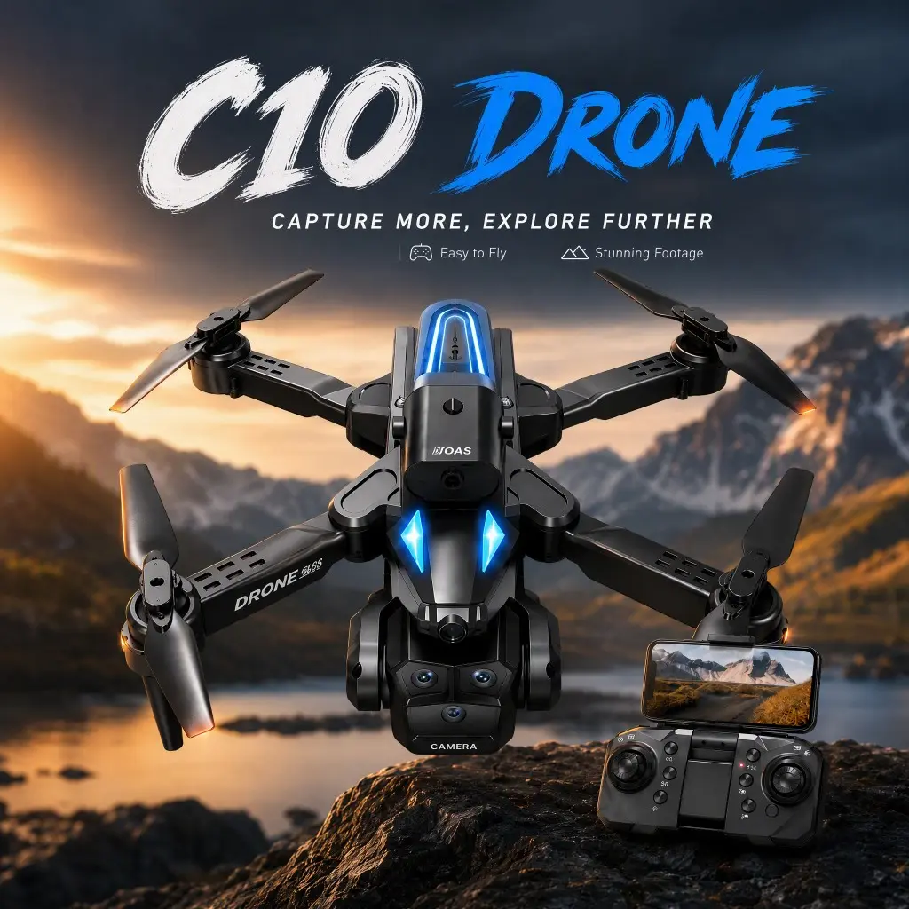 C10 Black RC Drone Quadcopter Toy, Plastic Body Construction, 2 Rechargeable Batteries, Outdoor Recreational Remote-Control Flying Toy Quadcopter Design Cameras