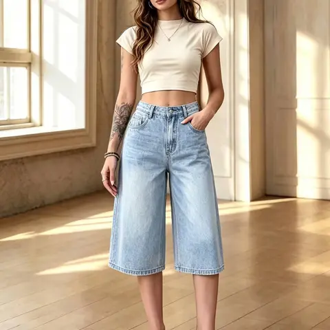 Women's Casual Fashion Denim Wide Leg Mid-Thigh Pants, Comfortable and Stylish Loose Fitting Jeans for Wear, Perfect for Spring and Fall
