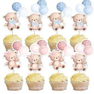 20pcs Carton Bear Paper Cupcake Toppers Balloon Bear for Baby Shower Party Kids Happy Birthday Decorations DIY Cake Decoration