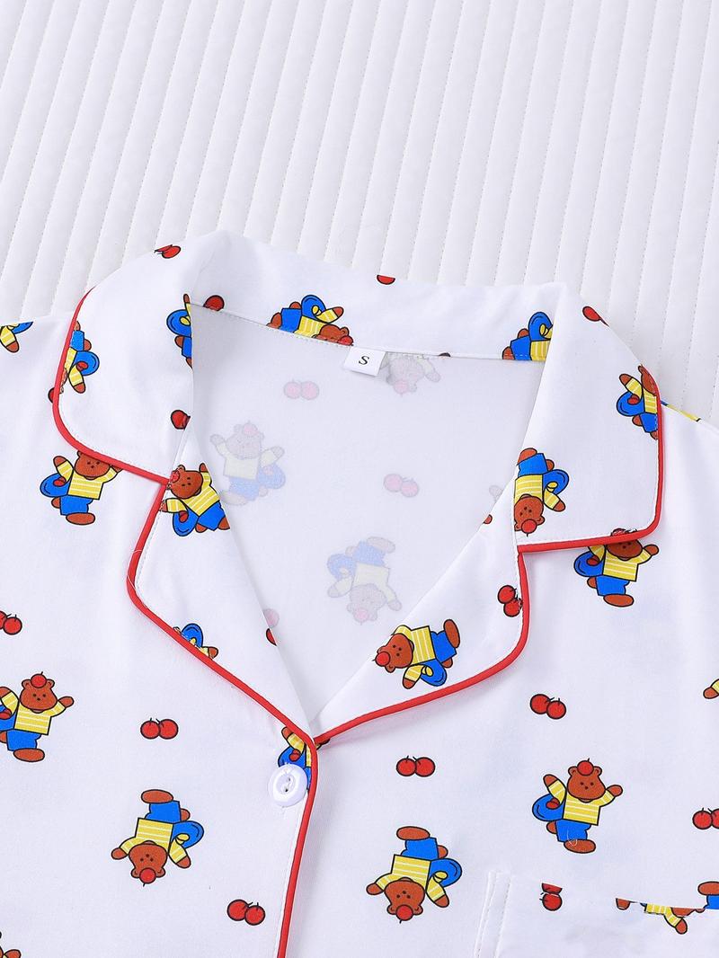 2pcs Mini Winnie the Pooh Print Pajama Set - Cute Nostalgic Short-Sleeve Pjs (Notch Collar + Chest Pocket + Elastic Waist) - Soft Adult Loungewear/Sleepwear for Disney Fans, Cozy Nights In & Gift Giving