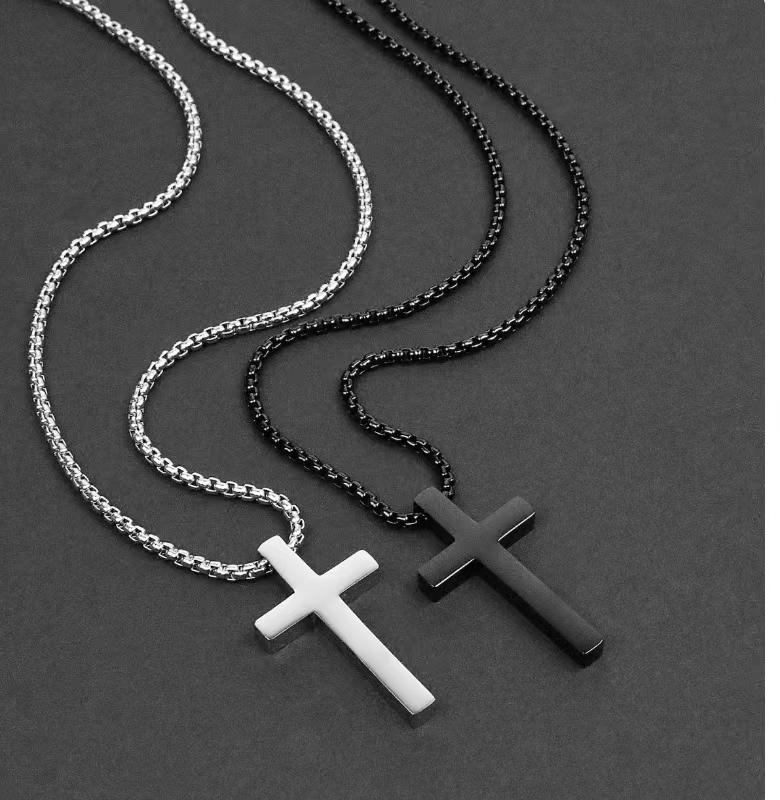 MIDEEO Cross Necklace for Men Silver Black Stainless Steel Plain Cross Pendant Necklace Box Chain Modern Versatile Accessories