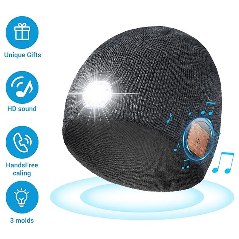 LED Hat Bluetooth Lighted Beanie,Unisex USB Rechargeable 6 LED Headlamp,Musical Knit Hat with Headphones and Built-in Speaker Mic,Unique Christmas Birthday Gifts for Men Him Husband Teen