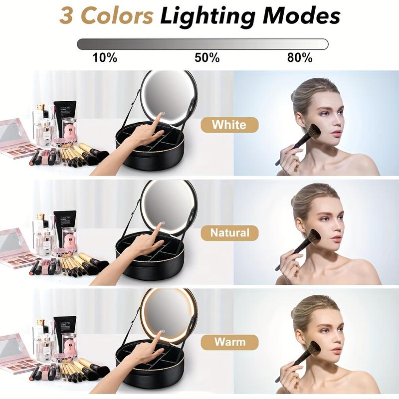 Makeup Bag Cosmetic Case Round Cosmetic Case Portable Travel Makeup Train Case Beauty Box, Cosmetic Case With Mirror With Light, Adjustable Dividers Brush Pouch