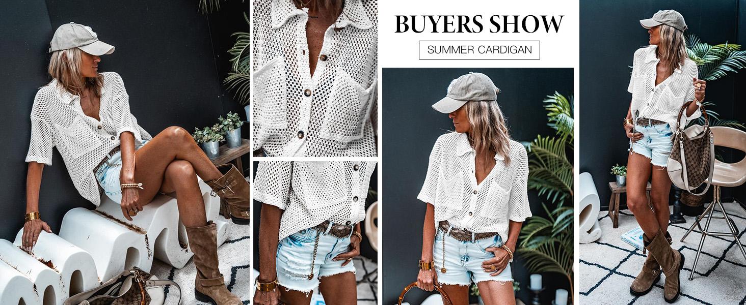 FISOEW Womens Crochet Lightweight Cardigan Sweaters Short Sleeve Summer Button Down Collared Loose Cover Up Shirts Tops Jeans