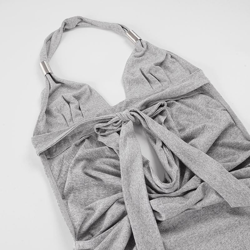 Women's Sexy Party Style Gray Backless Halter Dress, Deep V Neck Tie-back Bodycon Short Skirt, Perfect for Nightclubs and Parties