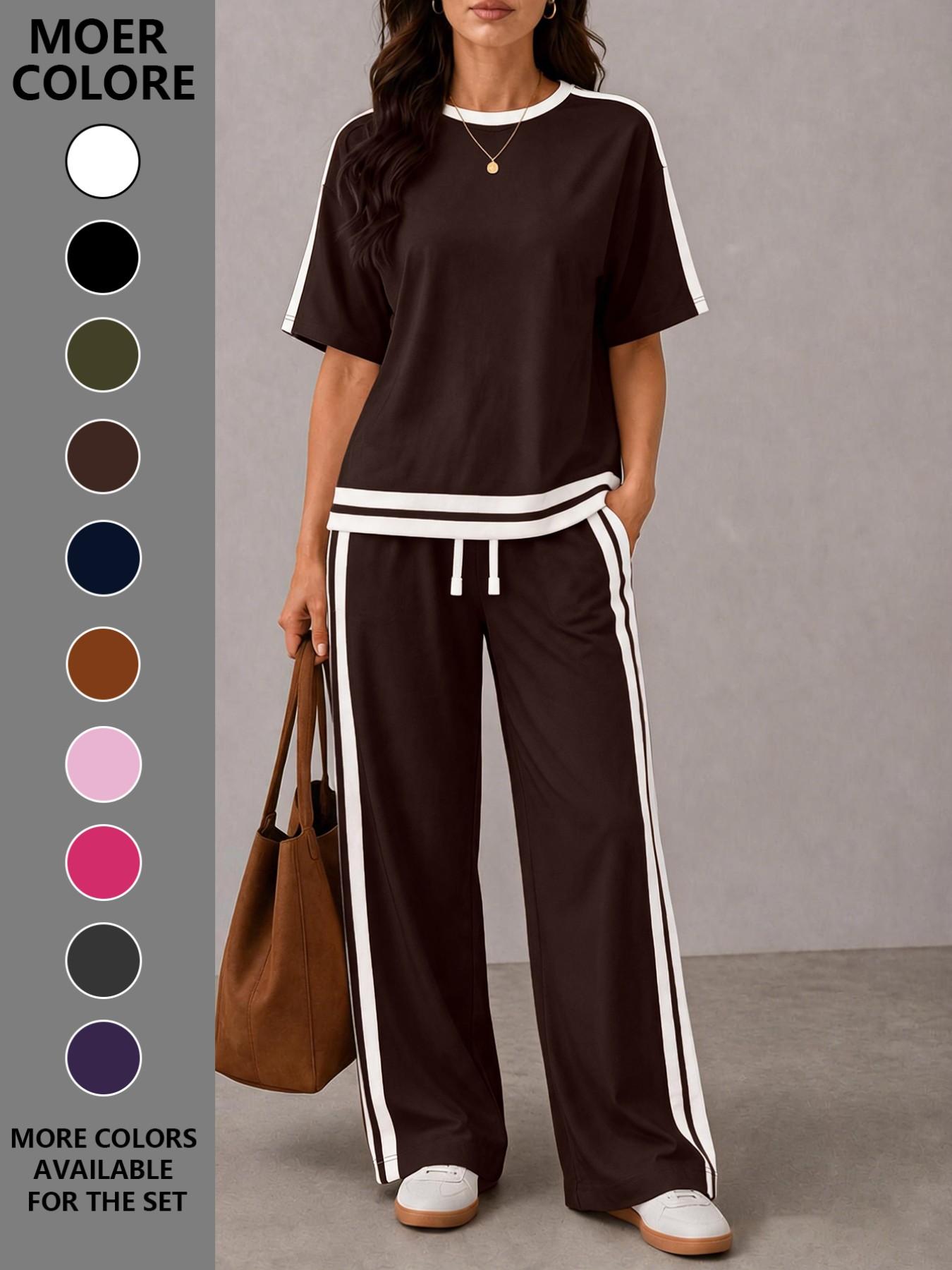 Women's Casual Sportswear Set, Plain Round Neck Short Sleeve T-Shirt and Striped Pants, Spring Summer Two-Piece, All Seasons, Loose Casual Athleisure