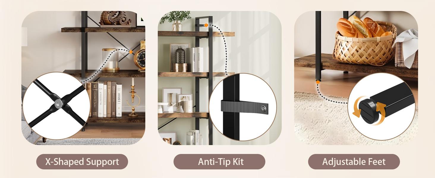 4-Tier Industrial Bookcase, 47 Inch Wide Wood Bookshelf, 120lbs Shelf Capacity, Rustic Open Shelving Heavy Duty Display with Reinforced Horizontal Brown Shelves for Living Room Bedroom Office