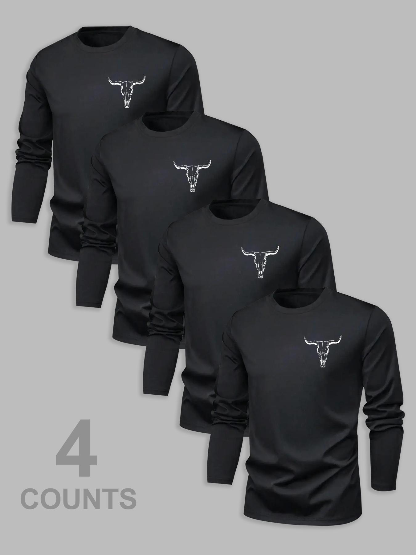 Men's 4 Piece Classic Bull Head Print Tee Set, Fitted Long Sleeve Casual Top for Fall & Winter, Basic Straight Cut T-Shirt