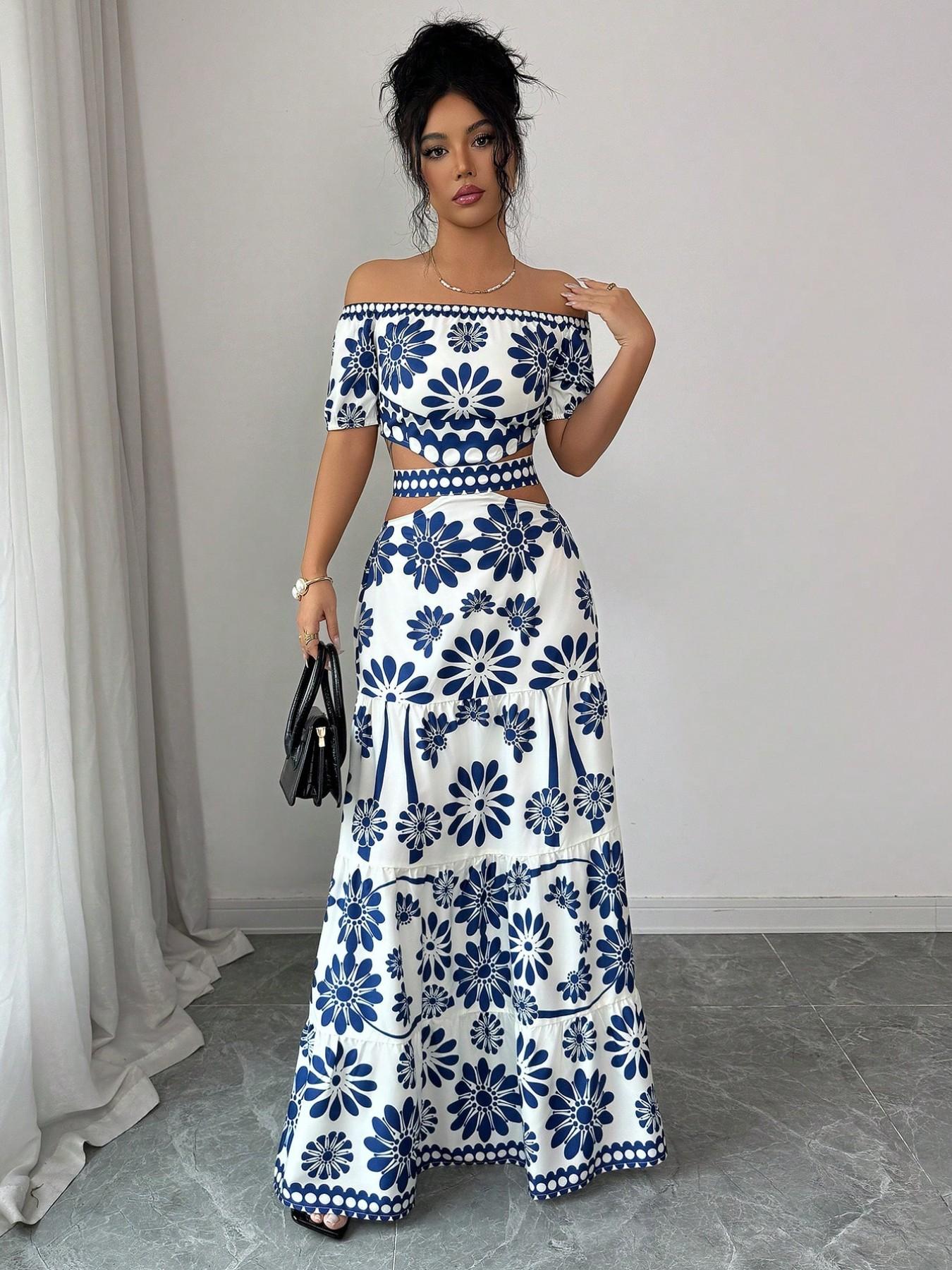 Women's Floral Off-Shoulder Short Sleeve Hollow Out Waist Fashion Chic Dress, Tropical Vacation Women's Dress, Long Dress for Summer Women's Floral Off-Shoulder Short Sleeve Hollow Out Waist Fashion Chic Dress, Tropical Vacation Women's Dress, Long Dress for Summer