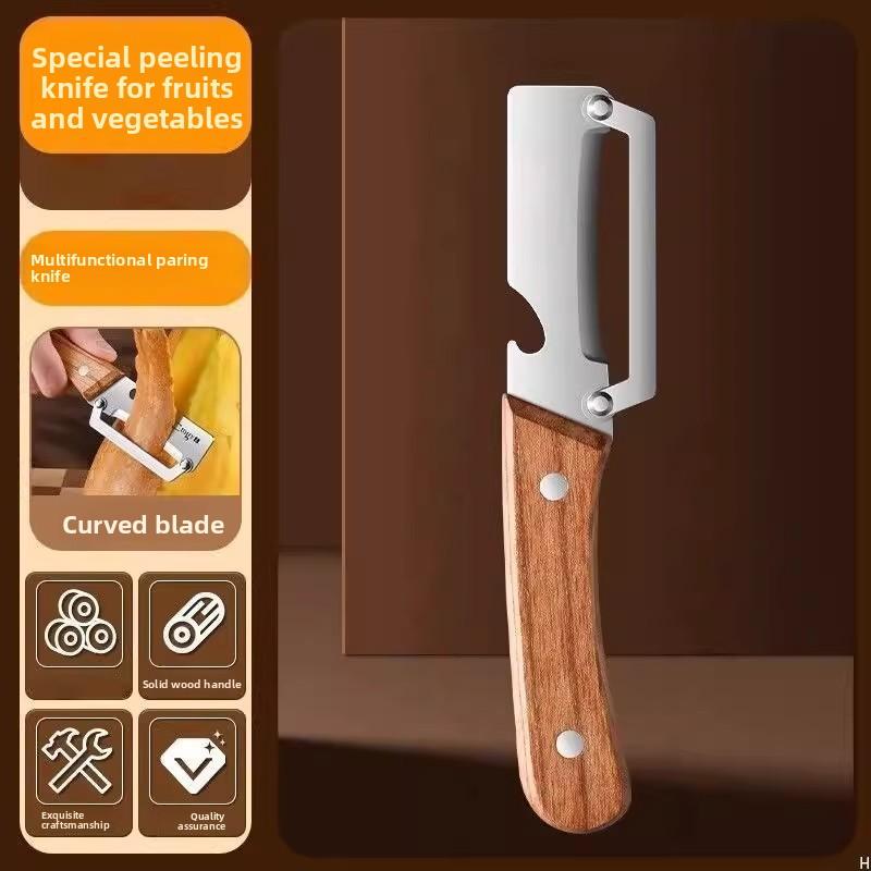 Wooden-Handled Stainless Steel Sharp Peeler with Built-In Bottle Opener for Fruits & Vegetables Ergonomic Non-Slip Handle Long-Lasting Construction Essential Kitchen Tool