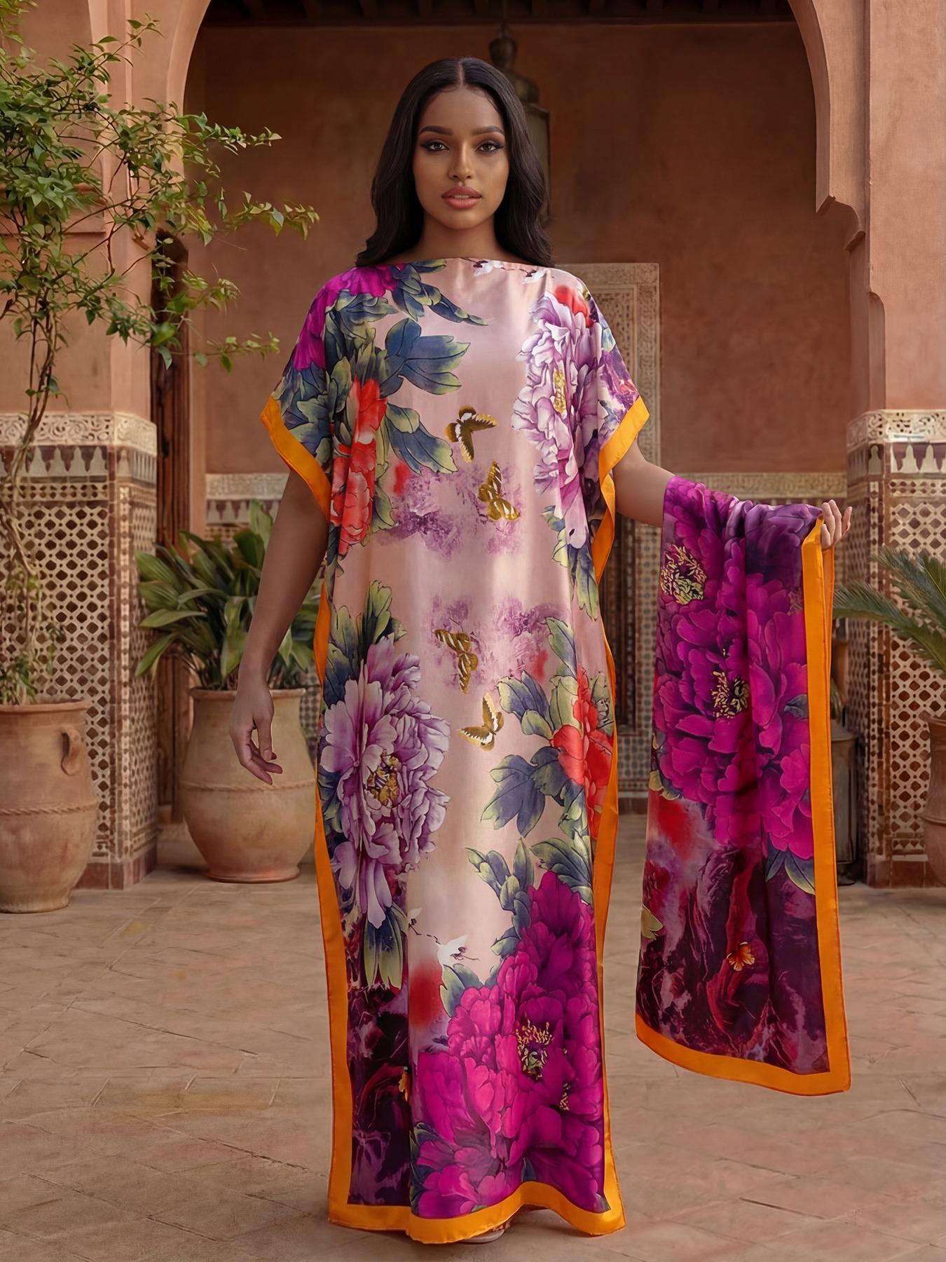 Women's Spring Summer Floral Pattern Robe & Thin Loose Fit Shawl Set, Casual Beach Sun Protection Satin Scarf