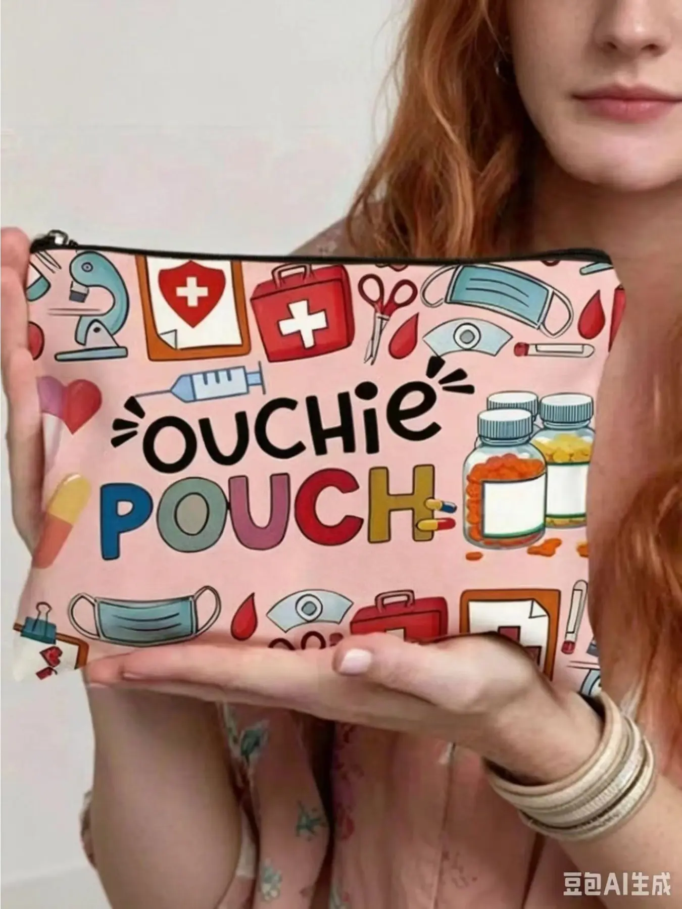 Vibrant Pink Ouchie Pouch - Medical-Themed Zippered Pouch with Playful Bandage & Stethoscope Design, Foldable Portable Makeup Bag for Sisters Students, Easter Egg Hunt Gifts, Travel Organizer, Cartoon Illustration, Compact Storage, Themed Accessory,