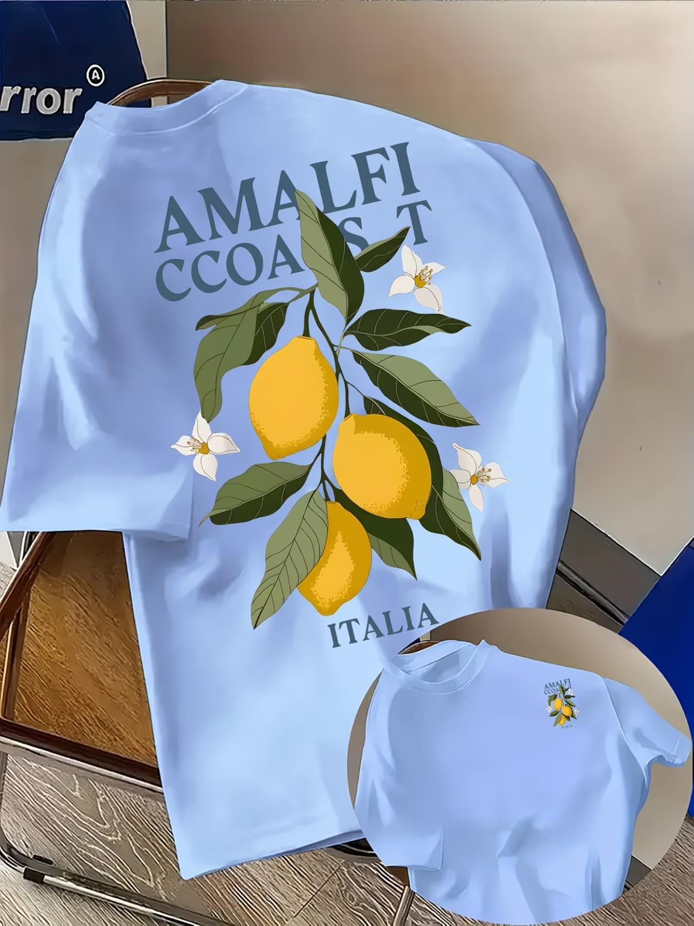 Men's Casual Amalfi Coast Lemon Print T-Shirt, Fashion Double-Sided Print, Lightweight Elastic, Regular Fit, Summer Streetwear