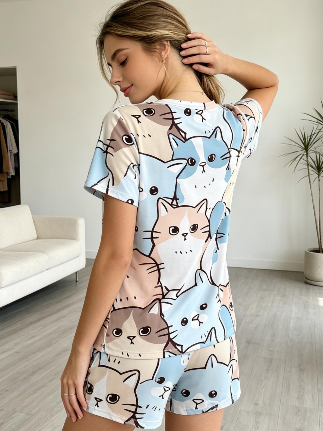 Style Sweet Cartoon Cat Print Women's Short Sleeve Pajama Set, Soft Comfortable Breathable Elastic Sleepwear, All Ages and Sizes