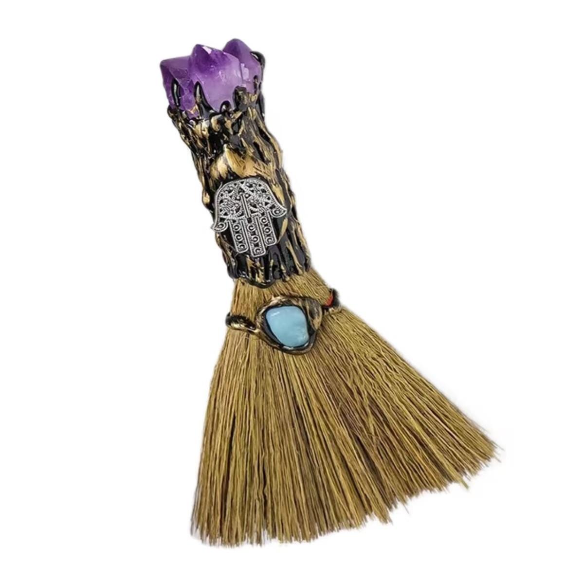 Natural Amethyst Fatima Handheld Mini Witch Broom, Vintage Handmade Magic Broom, Turquoise & Amethyst, Natural Straw Bristles, Healing Energy