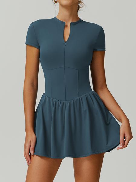 Women's Sporty Zipper Waist Golf Tennis Dress Skirt, Above Knee Tight-Fit Short Sleeve Summer with Storage Pockets Golf Athletic Dress