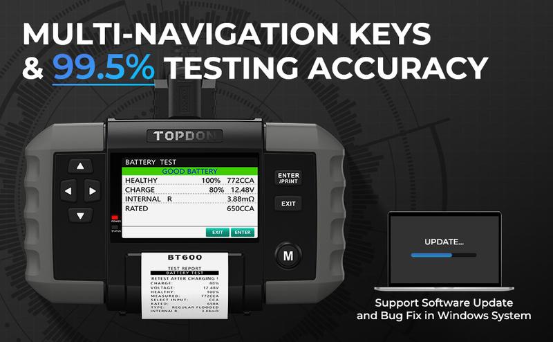 TOPDON BT600 Car Battery Tester 12V/24V Cranking Tests and Charging Alternator Load 100-2000CCA Digital Battery Voltage Tester, 3.5" Screen with Built-in Printer