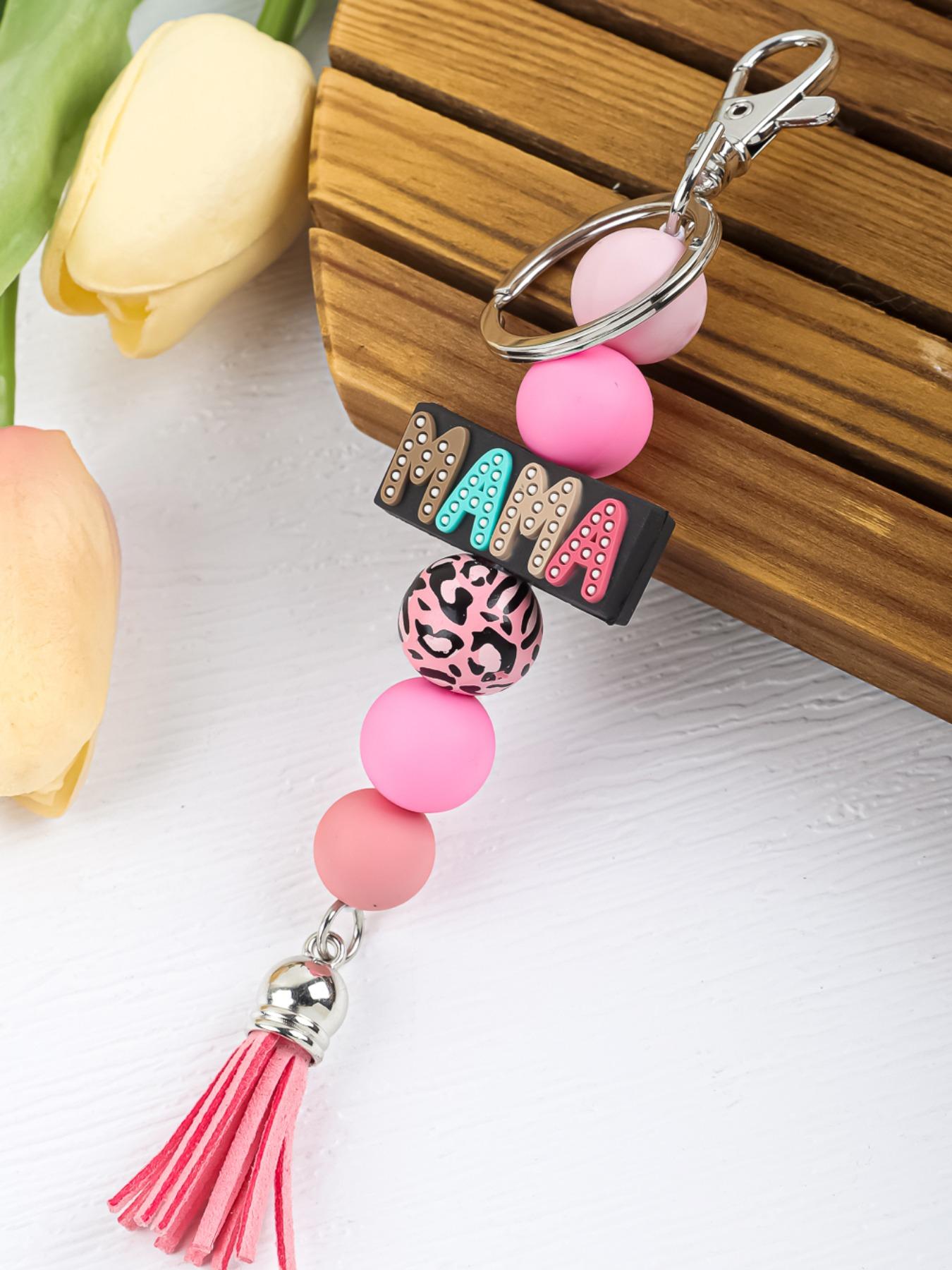 Mama Beaded Keychain, Mom Silicone Bead Key Ring, Mother's Day Gift, Leopard Print Keychain, Tassel Keychain, Mama Bag Charm, Sunflower Mama Keychain
